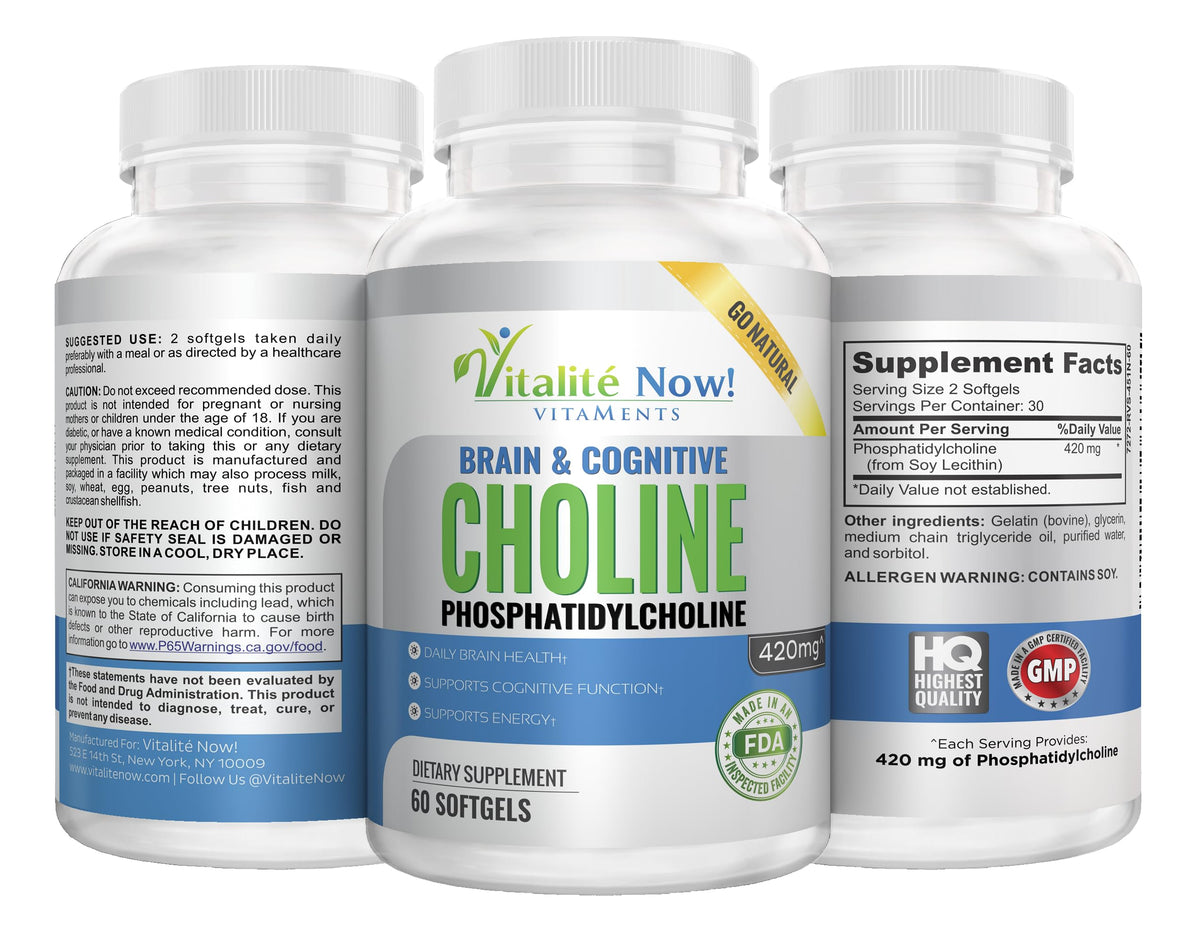 Gélules molles Vitalité Now! Choline Phosphatidyl sur fond blanc