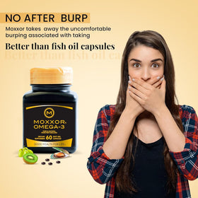 Gélules Moxxor Omega-3 sur une surface en bois