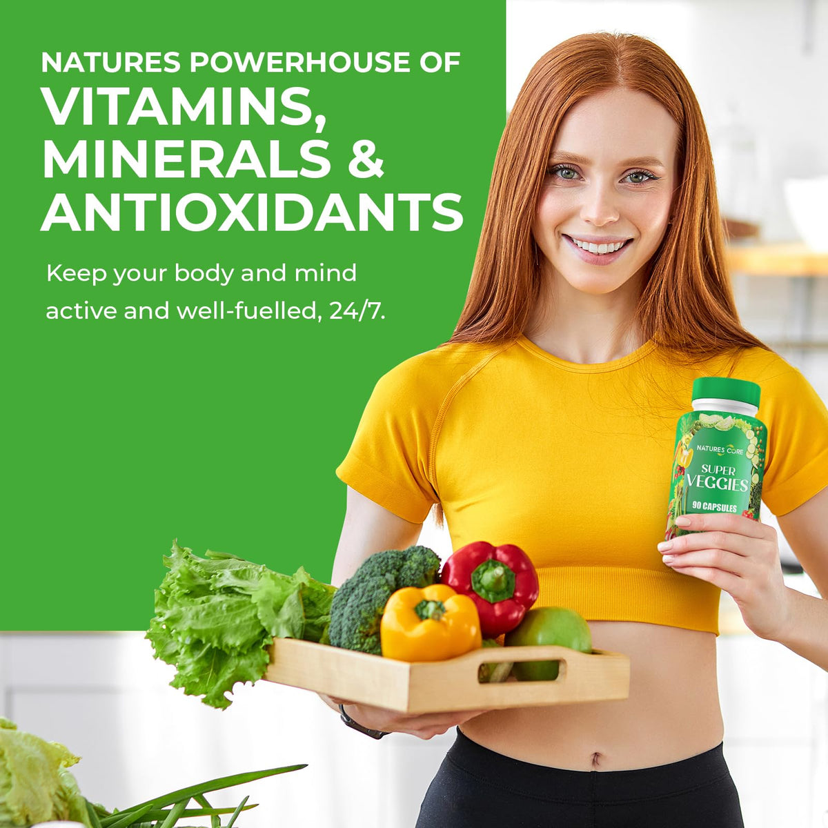 Gélules Nature's Core Complément Alimentaire Fruits et Légumes avec fruits frais en arrière-plan