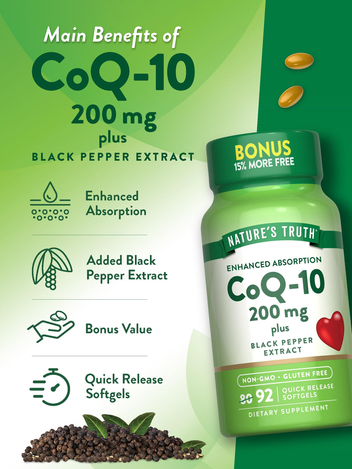 Gélules Nature's Truth CoQ10 200 mg ouvertes montrant le contenu