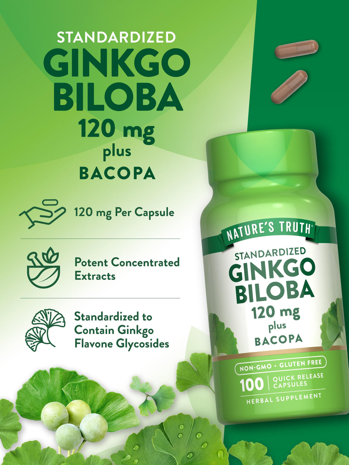 Gélules Nature's Truth Ginkgo Biloba 120mg sur une cuillère