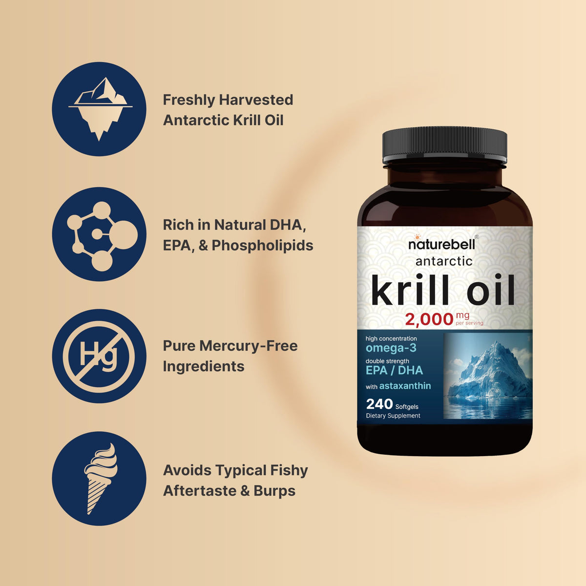 Gélules NatureBell Huile de Krill Antarctique dans une cuillère