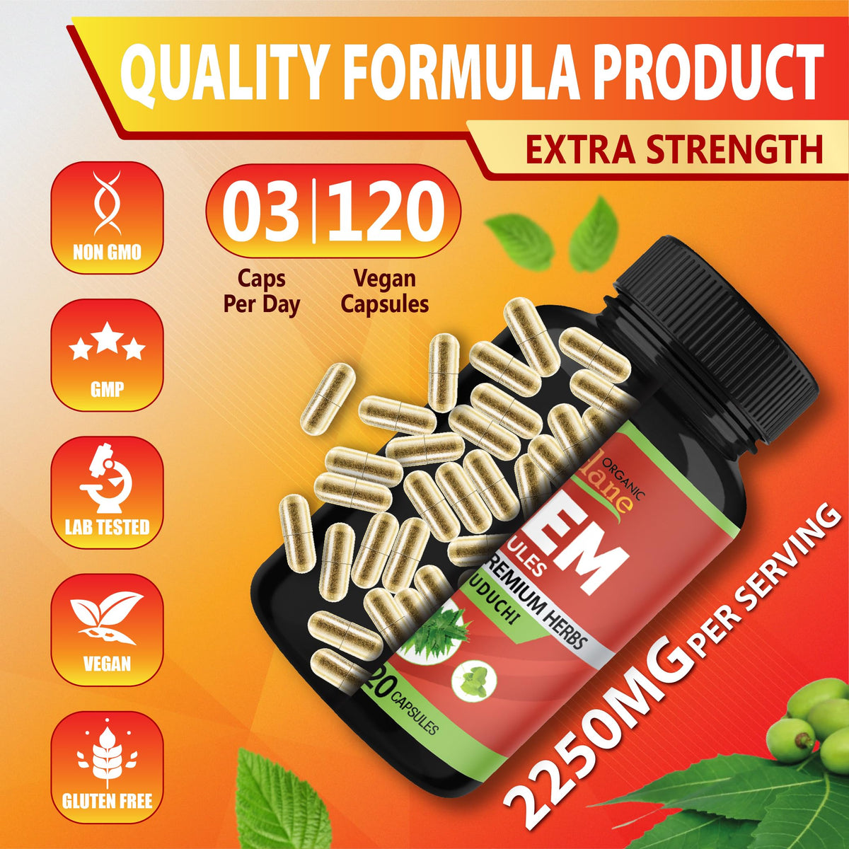 Gélules Neem Organic Cadane sur une table en bois