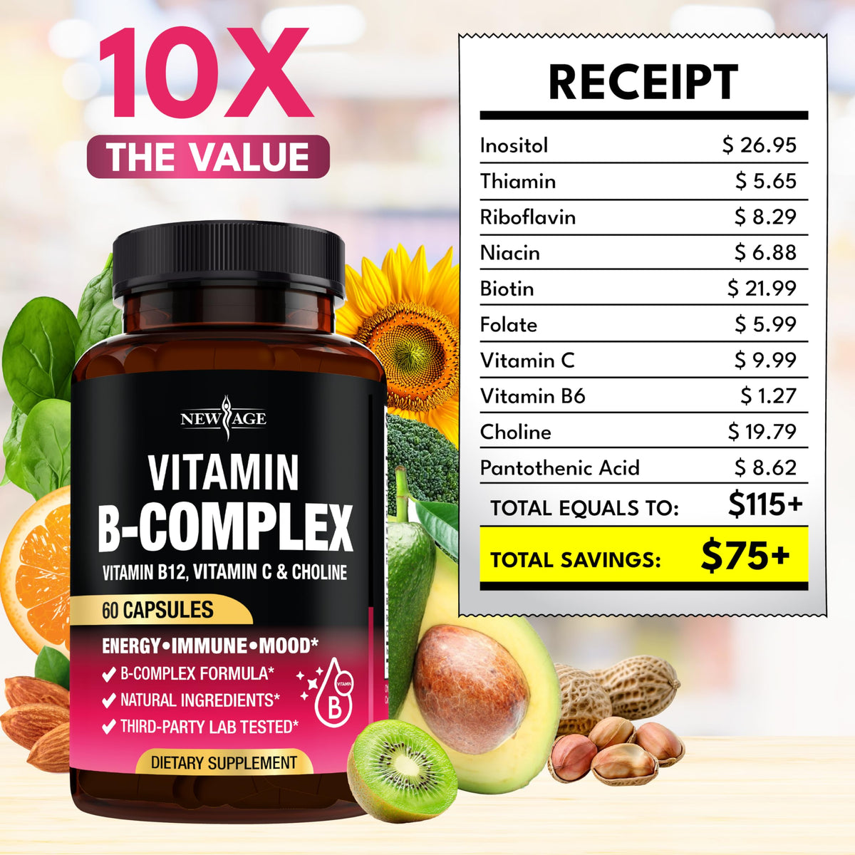 Gélules NEW AGE B-Complex avec une cuillère à côté
