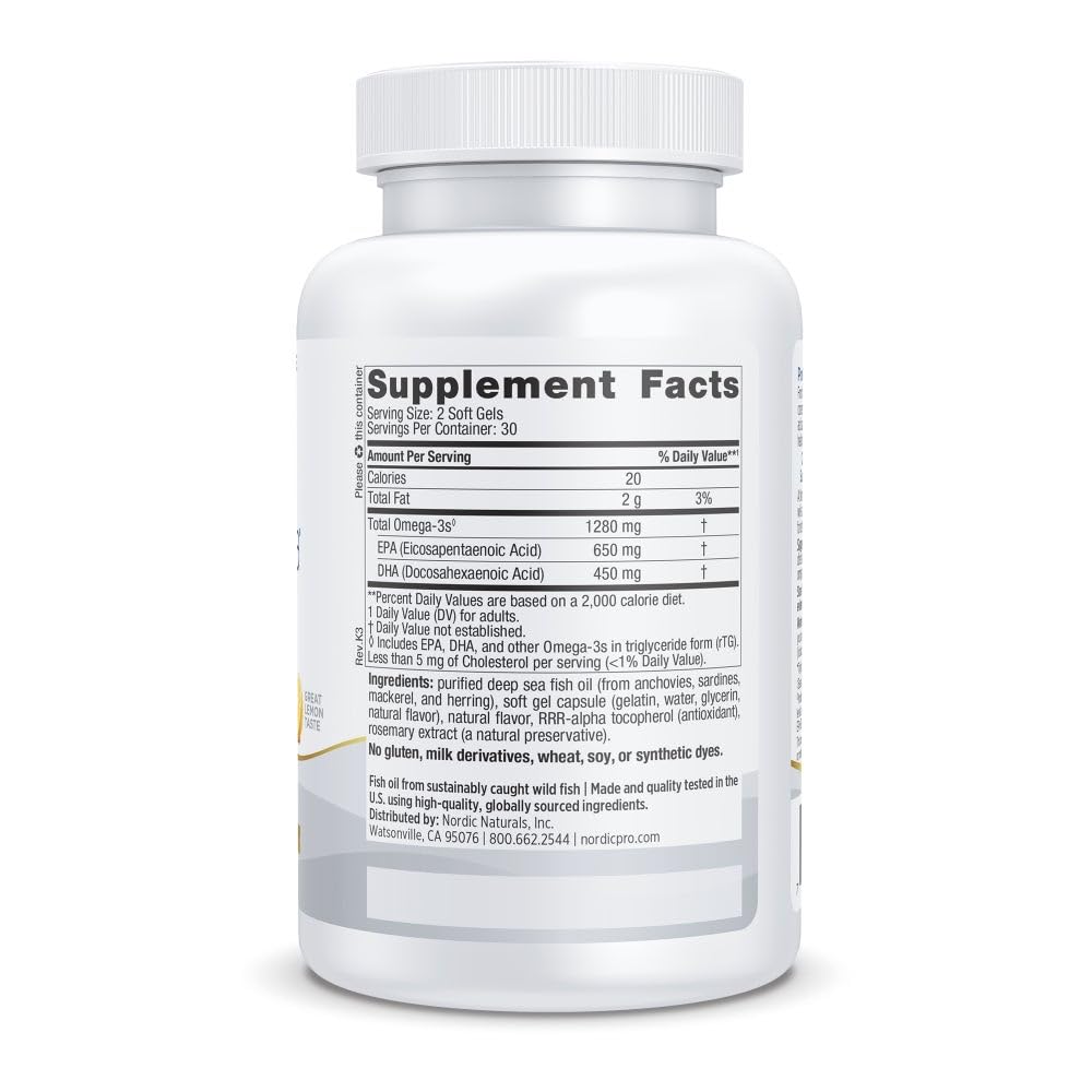 Gélules Nordic Naturals ProOmega 1280 mg Omega-3 sur fond blanc