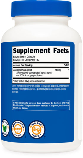 Gélules Nutricost Extrait d'Andrographis 450mg sur une table en bois