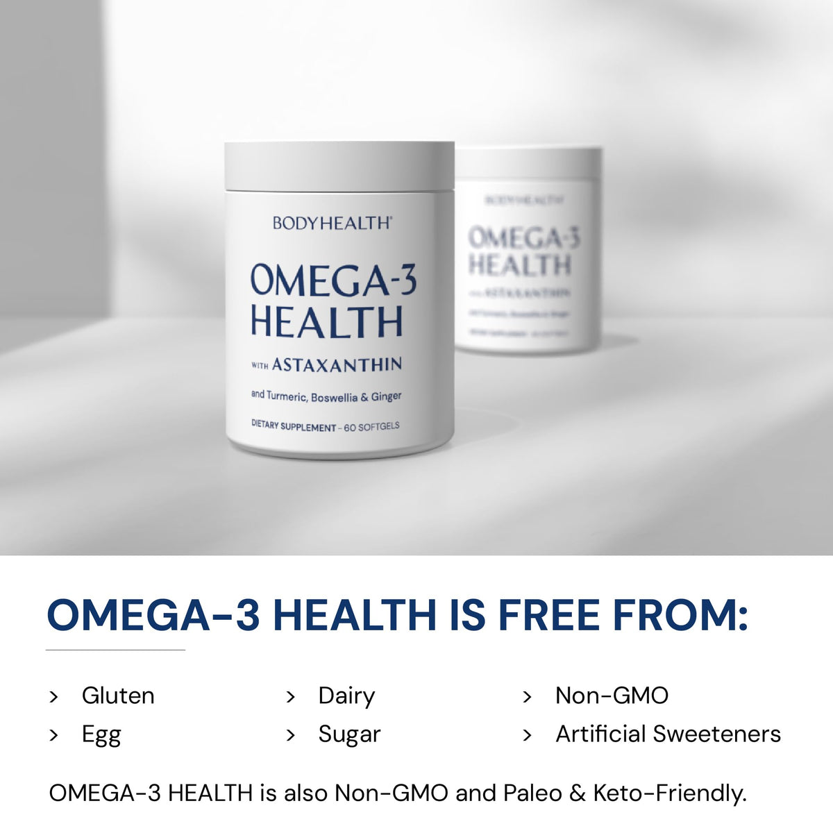 Gélules Omega 3 BodyHealth sur un fond de table