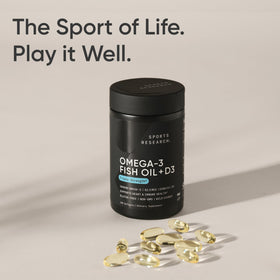 Gélules Omega-3 et D3 de Sports Research avec ingrédients en arrière-plan