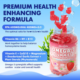 Gélules Omega 3 GrnLife avec des fruits frais en arrière-plan
