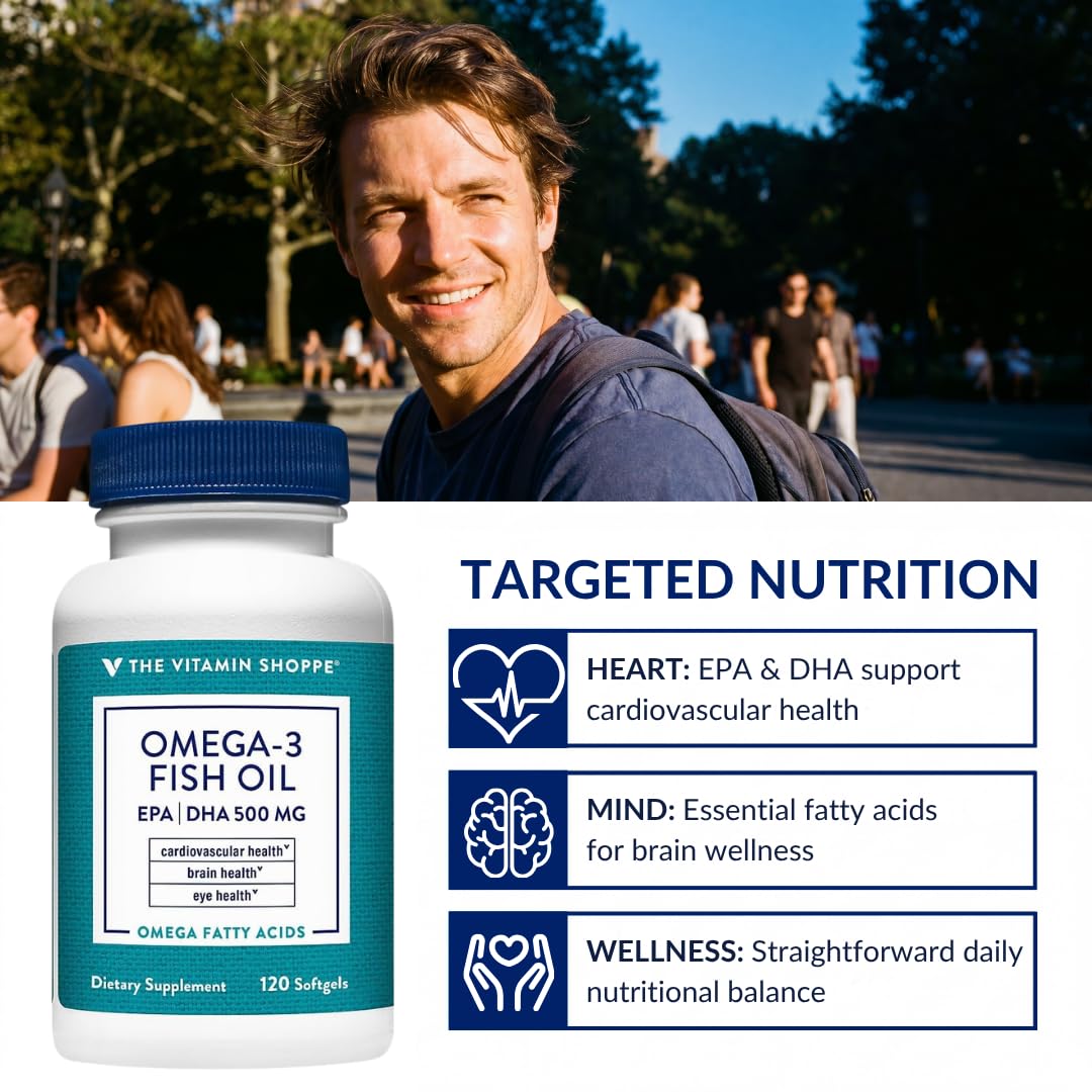 Gélules Omega 3 Huile de Poisson The Vitamin Shoppe et verre d'eau