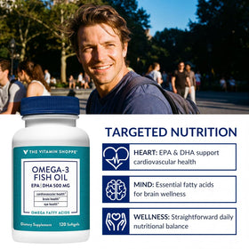 Gélules Omega 3 Huile de Poisson The Vitamin Shoppe et verre d'eau
