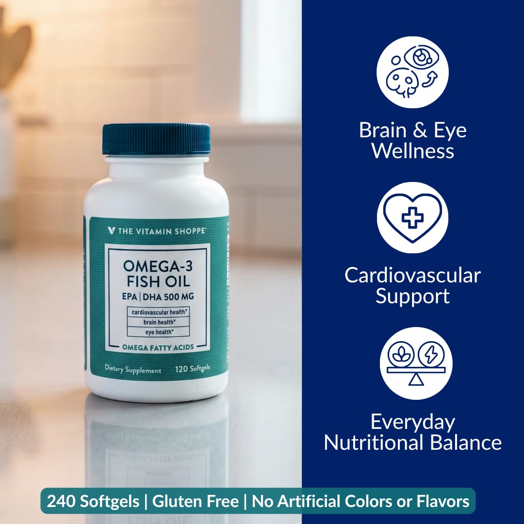 Gélules Omega 3 Huile de Poisson The Vitamin Shoppe sur une table