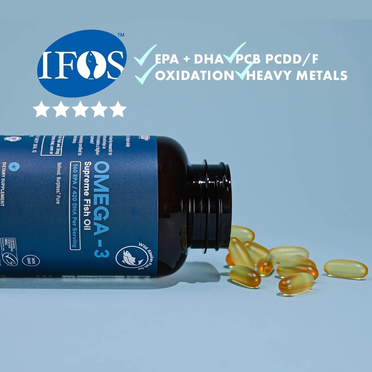 Gélules Omega-3 Life & Food à côté d'un verre d'eau