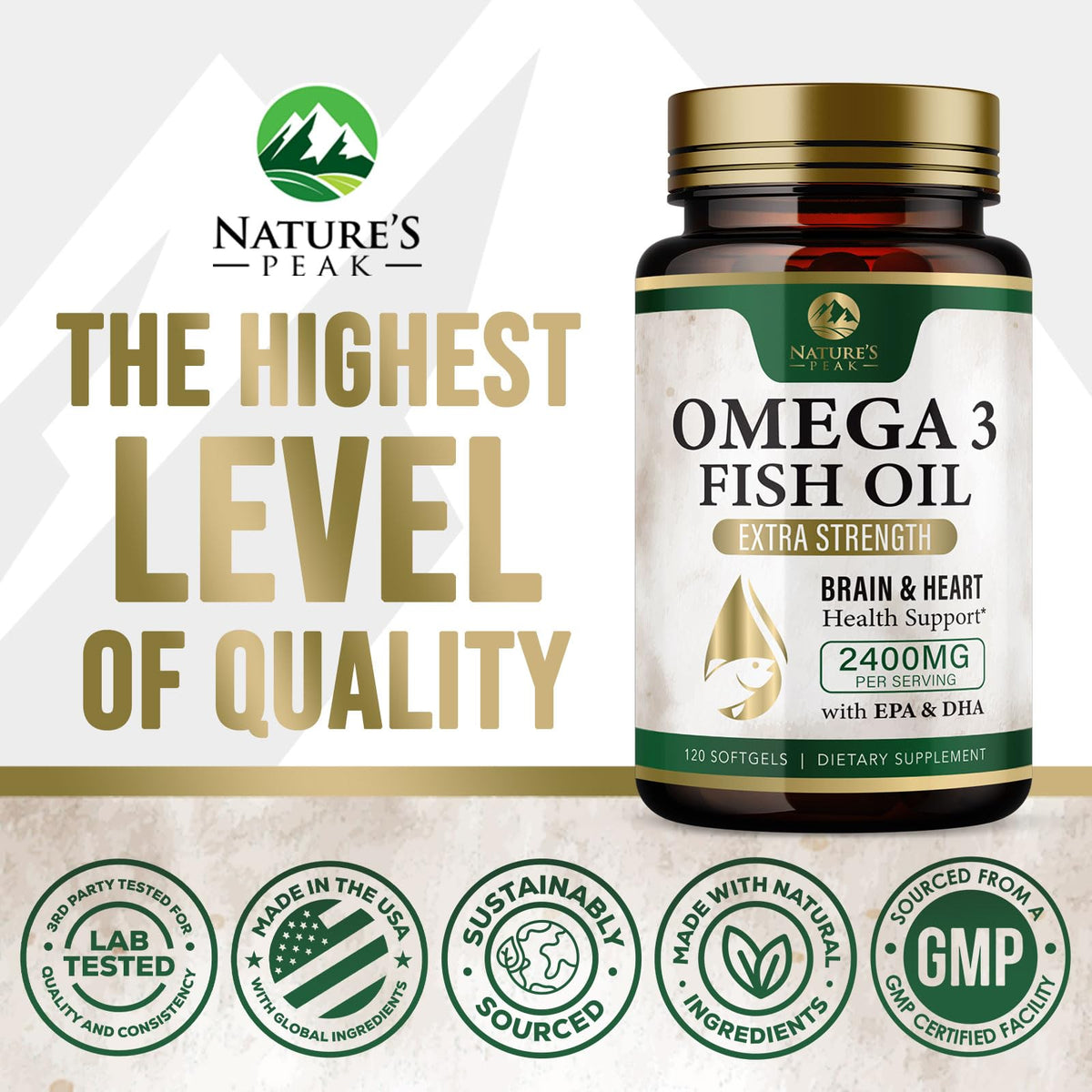 Gélules Omega 3 Nature's Peak sur une table en bois