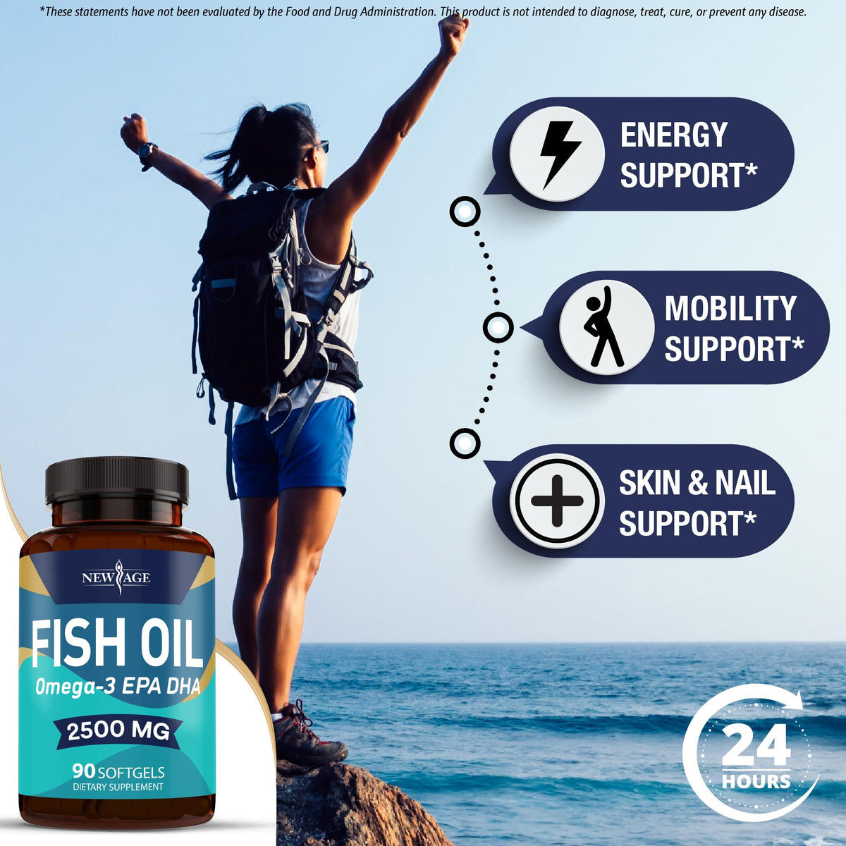 Gélules Omega 3 NEW AGE sur une surface blanche