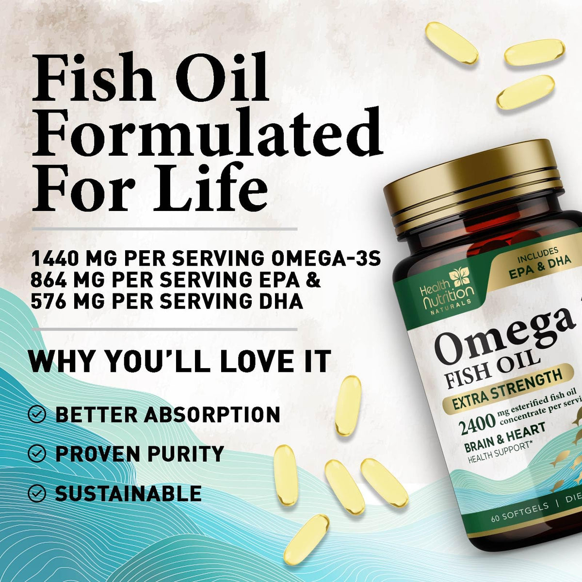 Gélules Omega 3 sur une table, présentation lifestyle