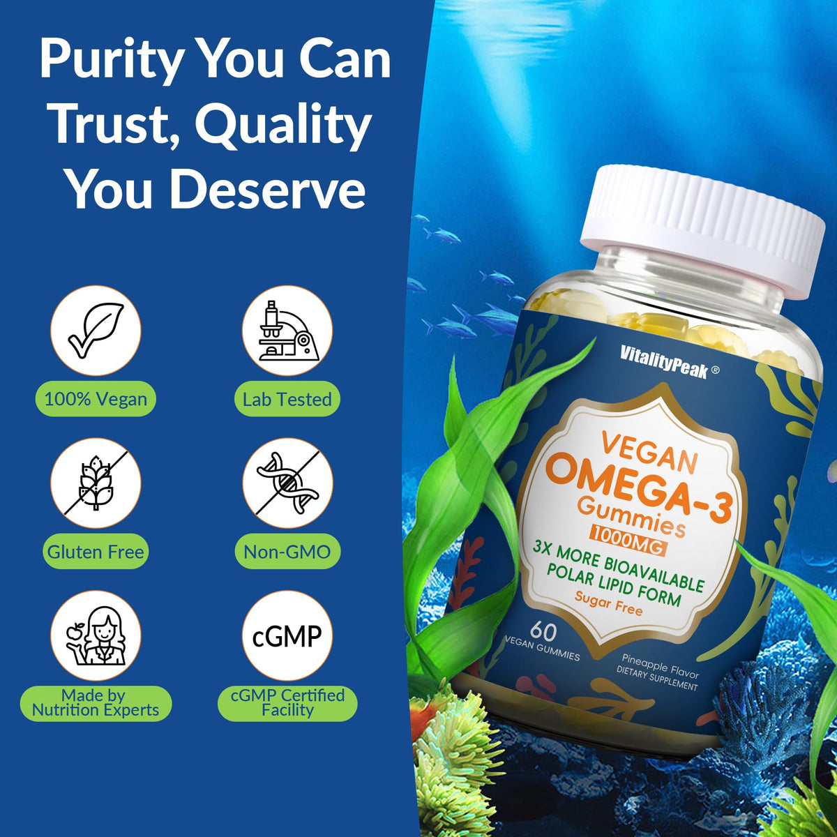Gélules Omega 3 Végétales VitalityPeak avec étiquette