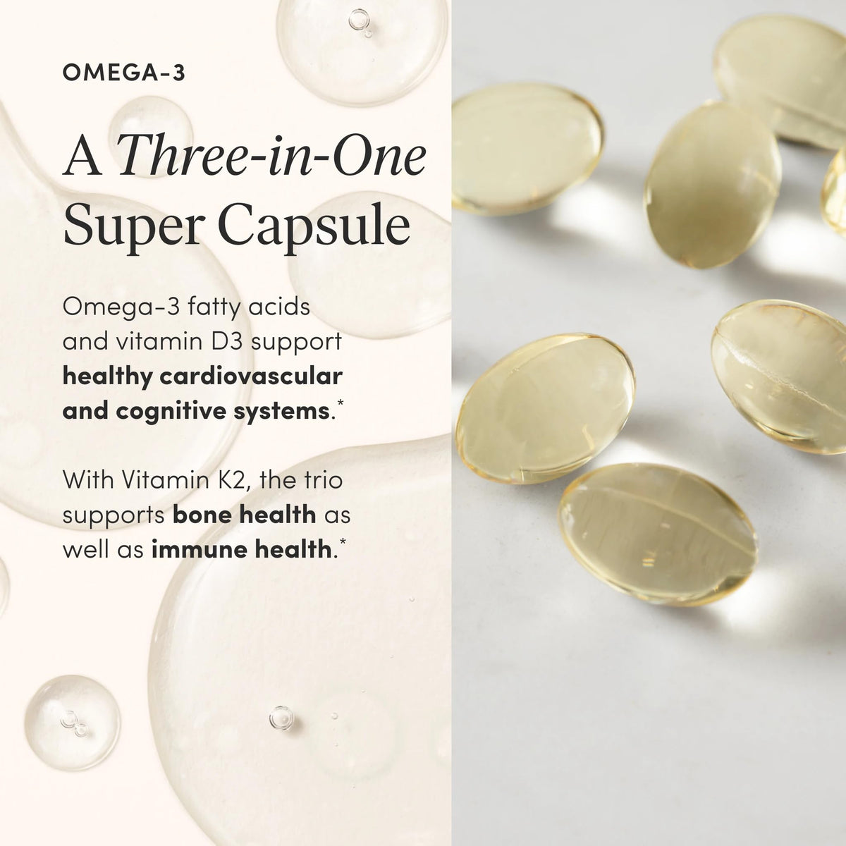 Gélules Omega 3, Vitamine D3 et K2 dans une main