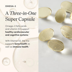 Gélules Omega 3, Vitamine D3 et K2 dans une main