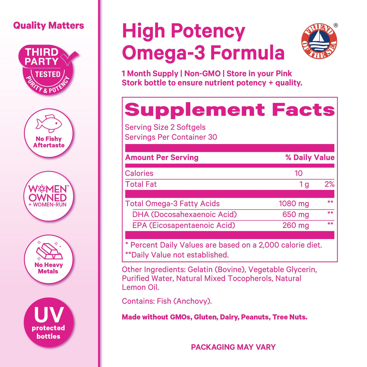 Gélules Pink Stork Omega 3 dans une main féminine
