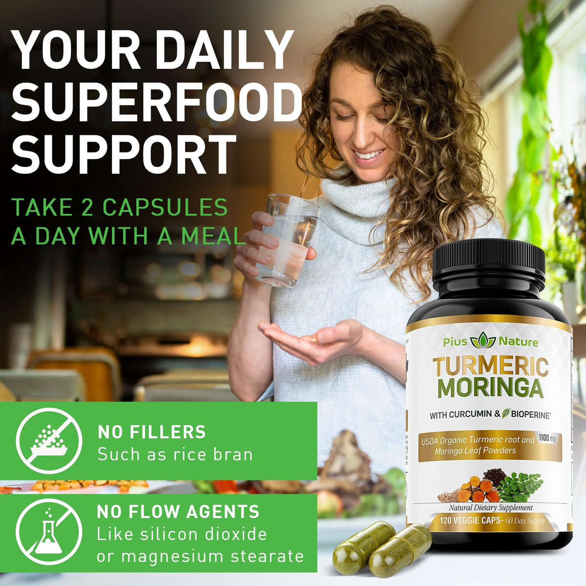 Gélules PIUS NATURE Curcuma Moringa sur fond blanc