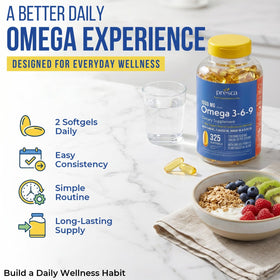 Gélules Presca Omega 3-6-9 sur un fond en bois