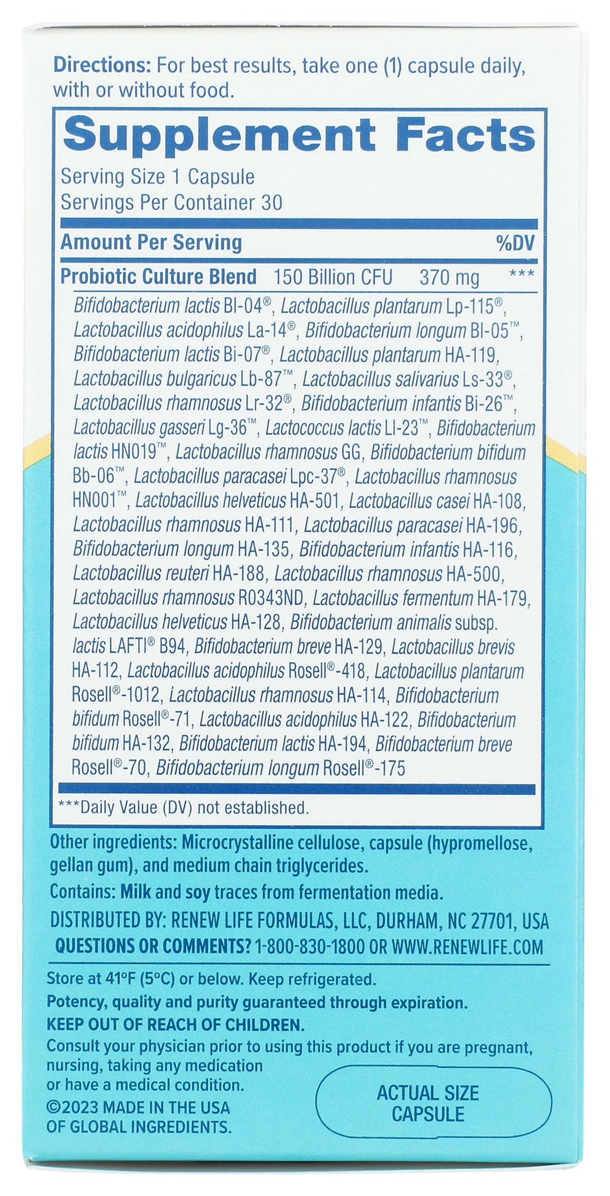 Gélules Renew Life PROBIOTIC 150B ULTMT Care dans une main