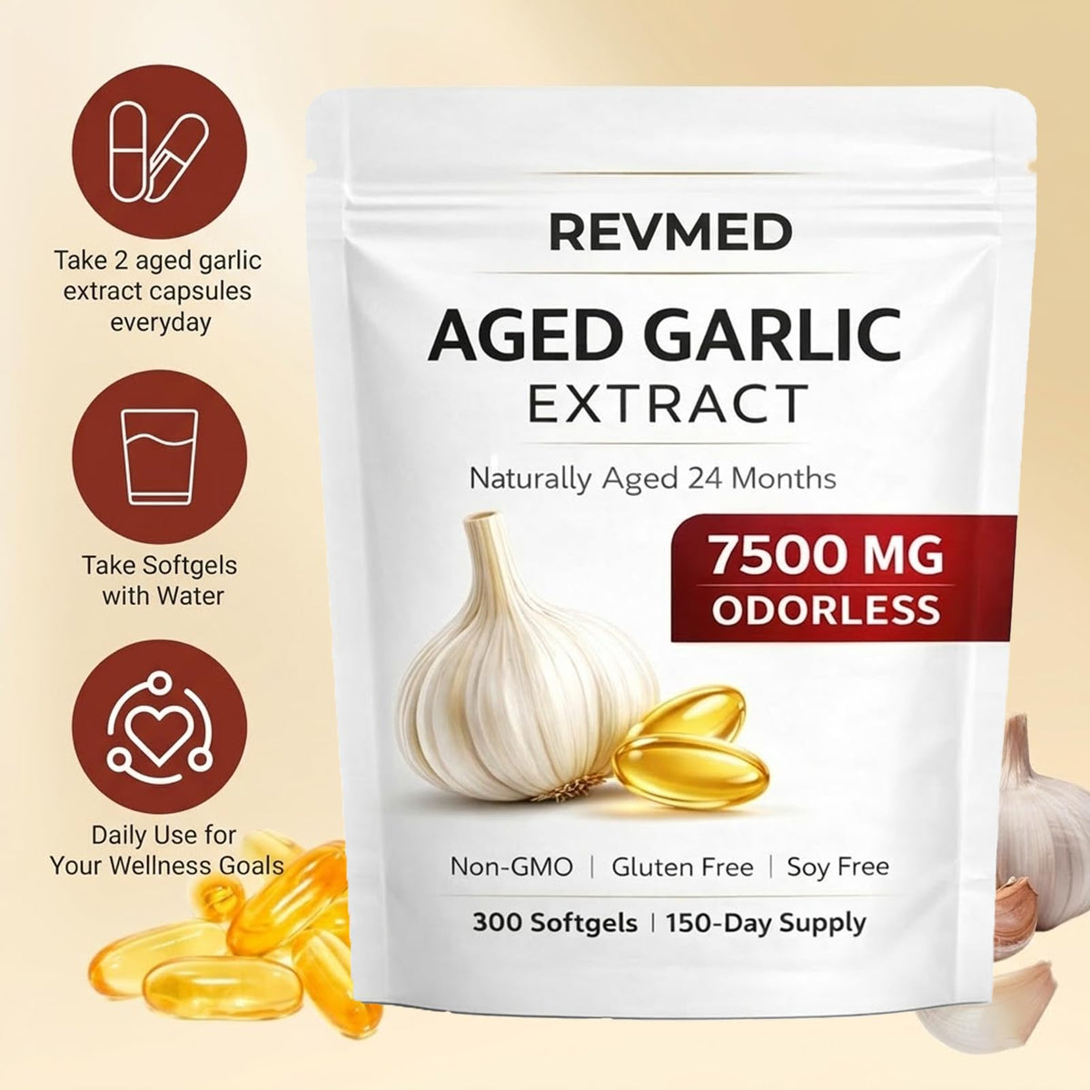 Gélules Revmed Aged Garlic Extract sur une table en bois