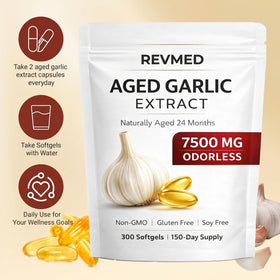 Gélules Revmed Aged Garlic Extract sur une table en bois