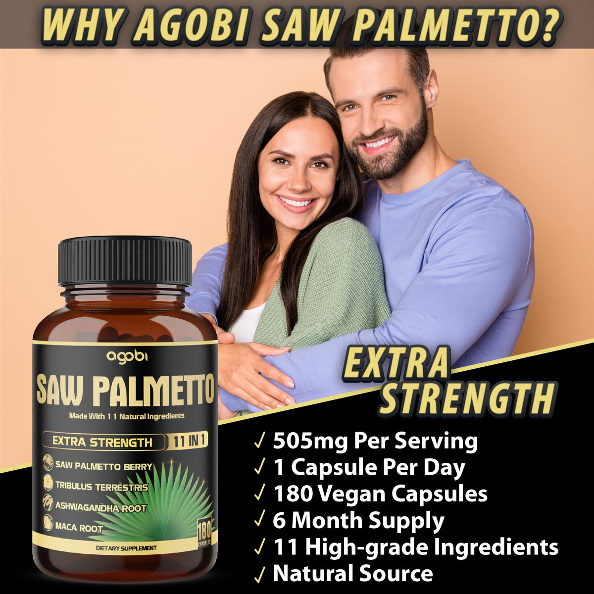 Gélules Saw Palmetto agobi avec ingrédients naturels en arrière-plan