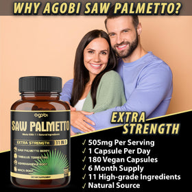 Gélules Saw Palmetto agobi avec ingrédients naturels en arrière-plan