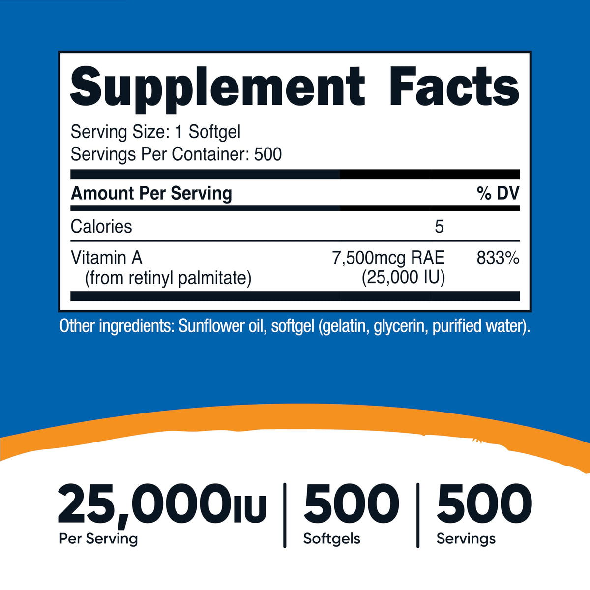 Gélules softgels de Vitamine A Nutricost sur une surface blanche