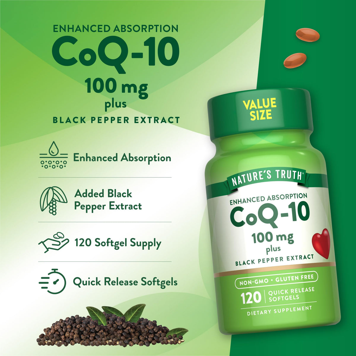 Gélules souples de Nature's Truth CoQ10 sur fond neutre
