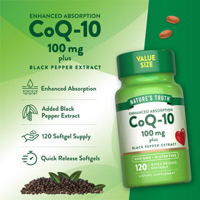 Gélules souples de Nature's Truth CoQ10 sur fond neutre