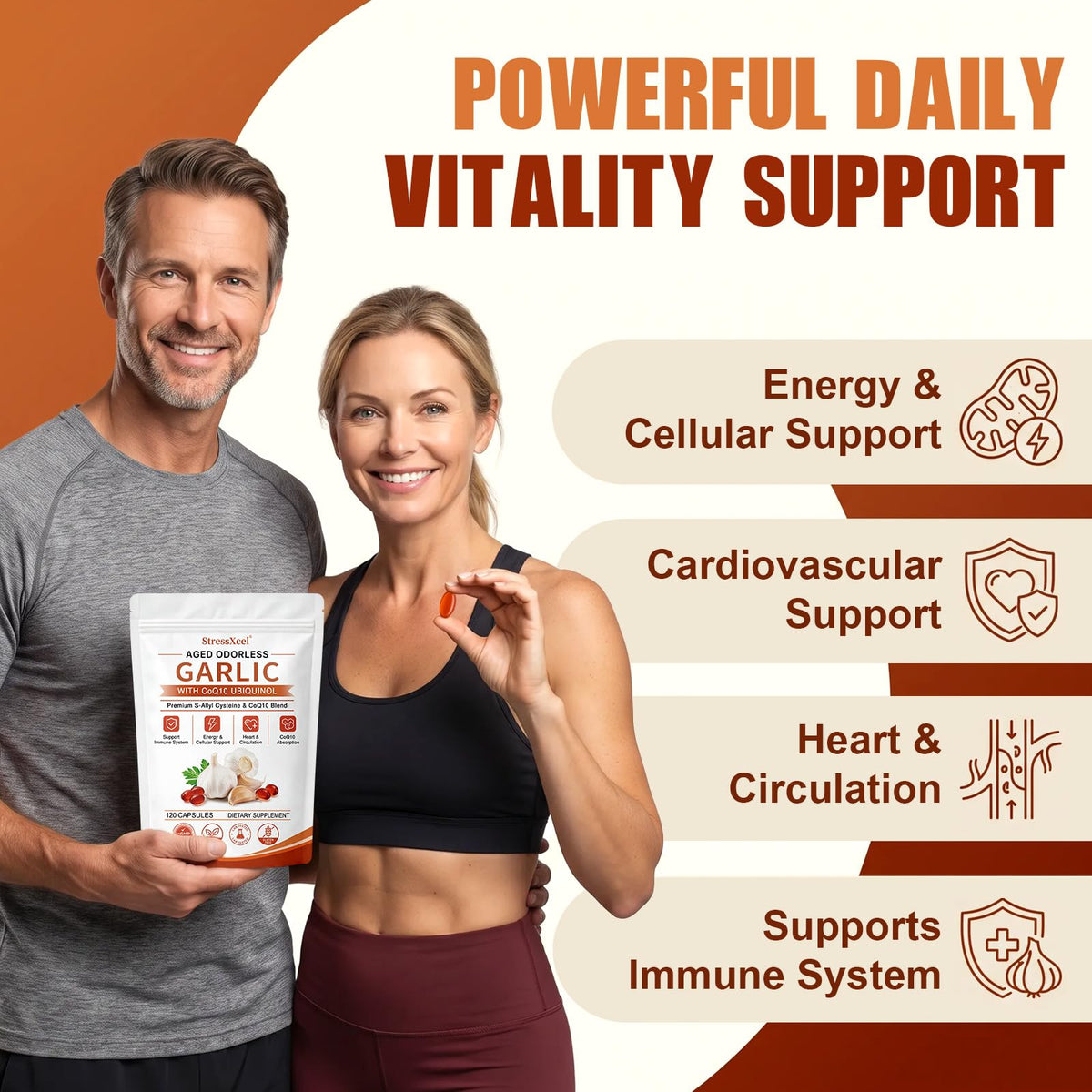 Gélules StressXcel Extrait de Ail Vieilli avec CoQ10 et Vitamine K2