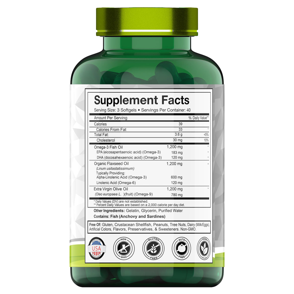 Gélules tnvitamins Triple Omega 3-6-9 à côté de la bouteille