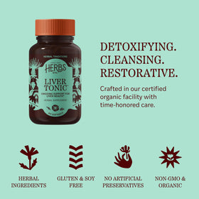 Gélules Tonic Hépatique de Herbs Etc. sur une table en bois
