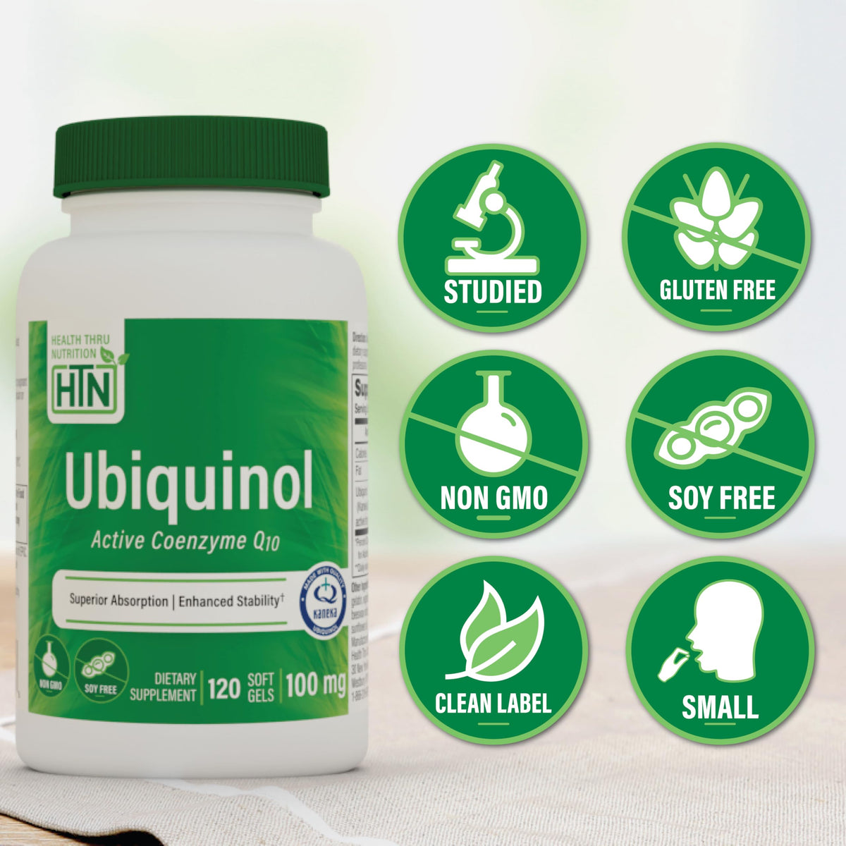 Gélules Ubiquinol 100mg sur une table en bois