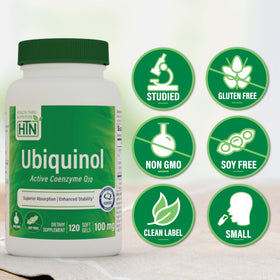Gélules Ubiquinol 100mg sur une table en bois