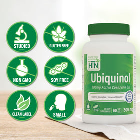 Gélules Ubiquinol 300mg de Health Thru Nutrition sur une surface blanche
