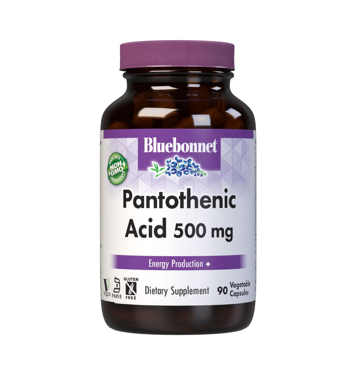 Gélules végétales d'acide pantothénique BlueBonnet 500 mg, vue de face