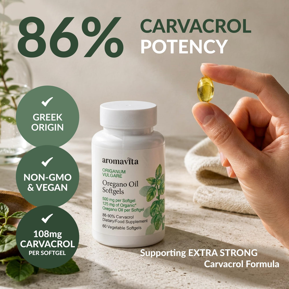 Gélules végétales d'huile d'origan bio AROMAVITA sur fond blanc