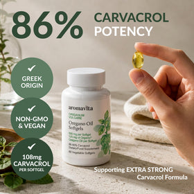 Gélules végétales d'huile d'origan bio AROMAVITA sur fond blanc