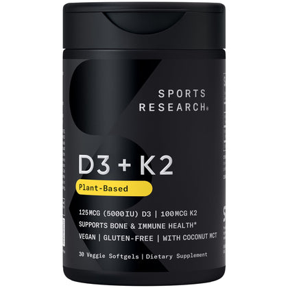 Gélules végétales D3 + K2 de Sports Research, vue de face