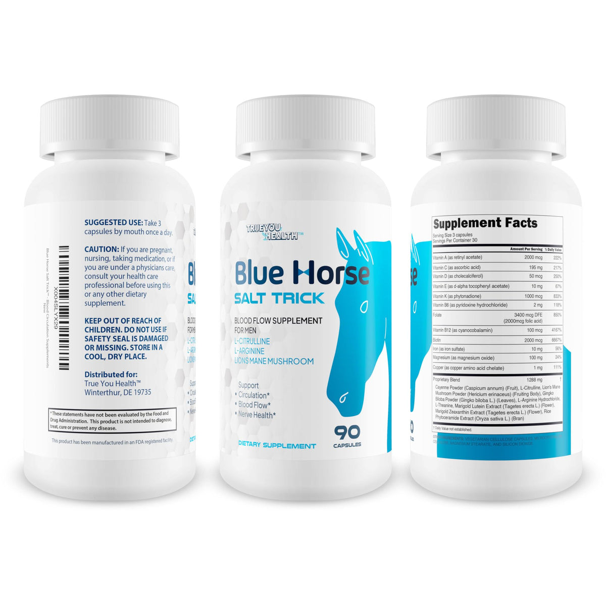 Gélules végétales de Blue Horse Salt Trick sur fond blanc