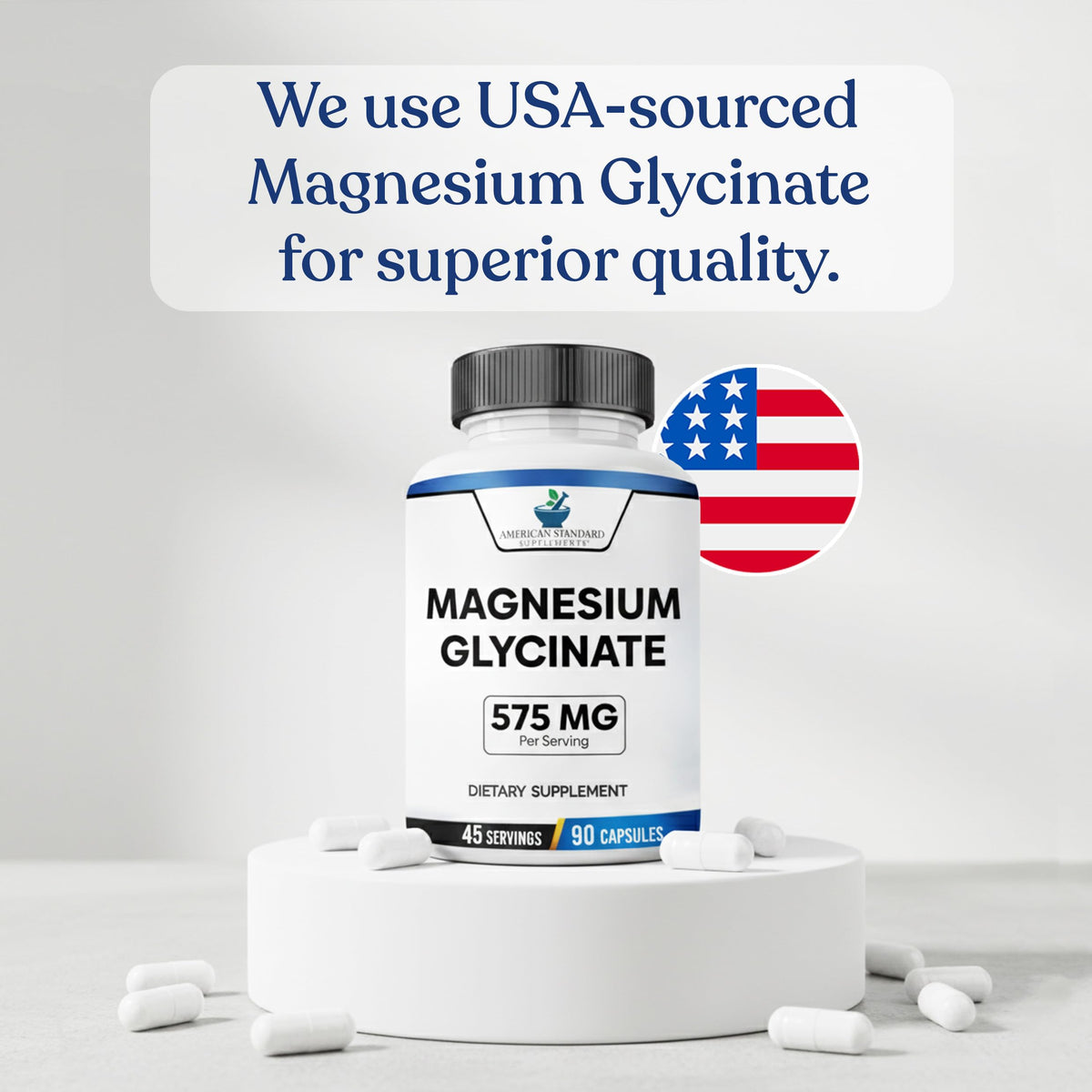 Gélules végétales de magnésium glycinate American Standard Supplements sur une table en bois