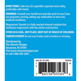 Gélules végétales de Magnésium Taurate The Vitamin Shoppe sur fond blanc