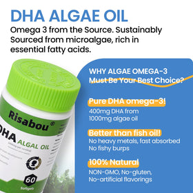 Gélules végétales de Risabou Huile d'Algue DHA 400 mg sur fond blanc