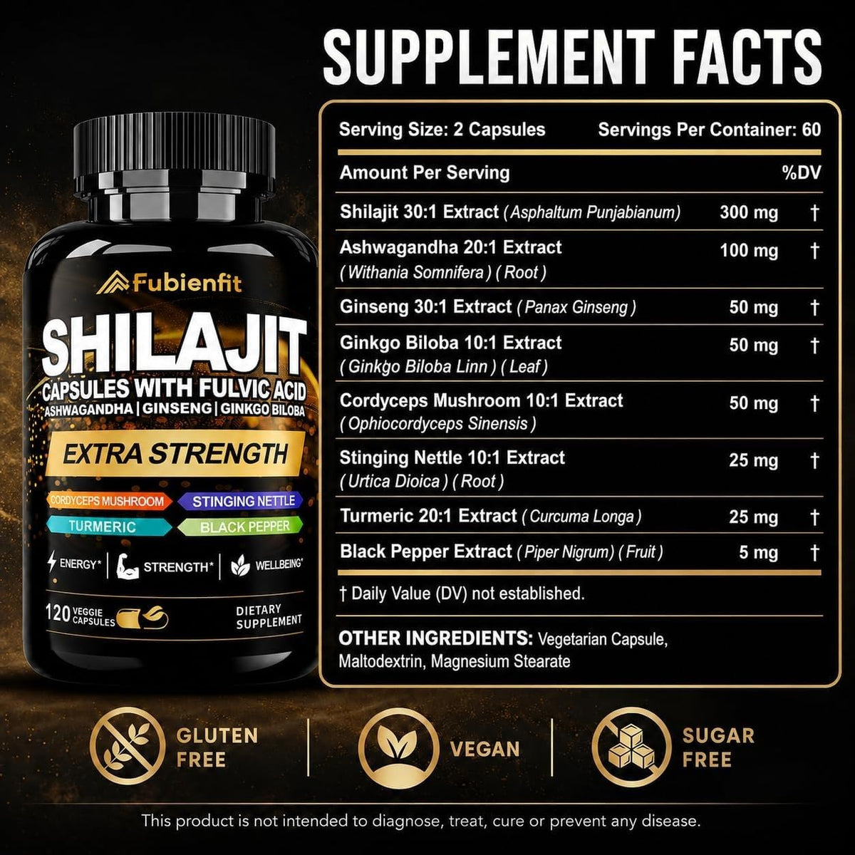 Gélules végétales de Shilajit Fubienfit sur fond blanc