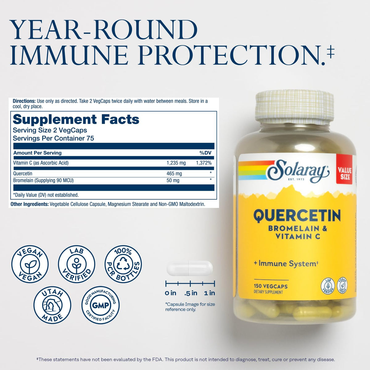 Gélules végétales de SOLARAY Quercétine Bromélaïne & Vitamine C 500mg